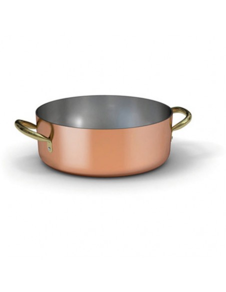 Casseruola bassa in rame stagnato due maniglie in ottone